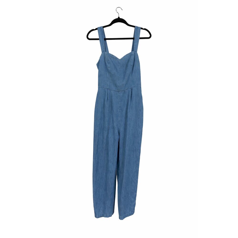 Old Navy Denim Chambray Jumpsuit Small Smocked Bodice Wide Leg Coastal Cowgirl